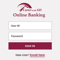 Carter Bank's Log In Window for Online and Mobile Banking Services showing an enroll option