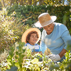 Older woman and child working in garden
